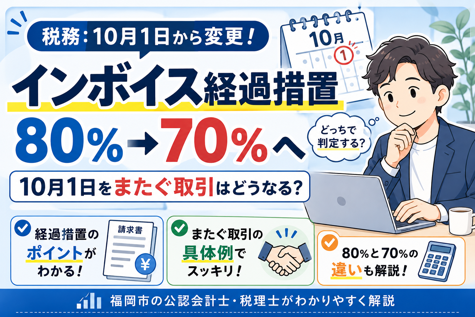 インボイス経過措置は80％から70％へ｜10月1日をまたぐ取引の判定方法を福岡市の税理士が解説